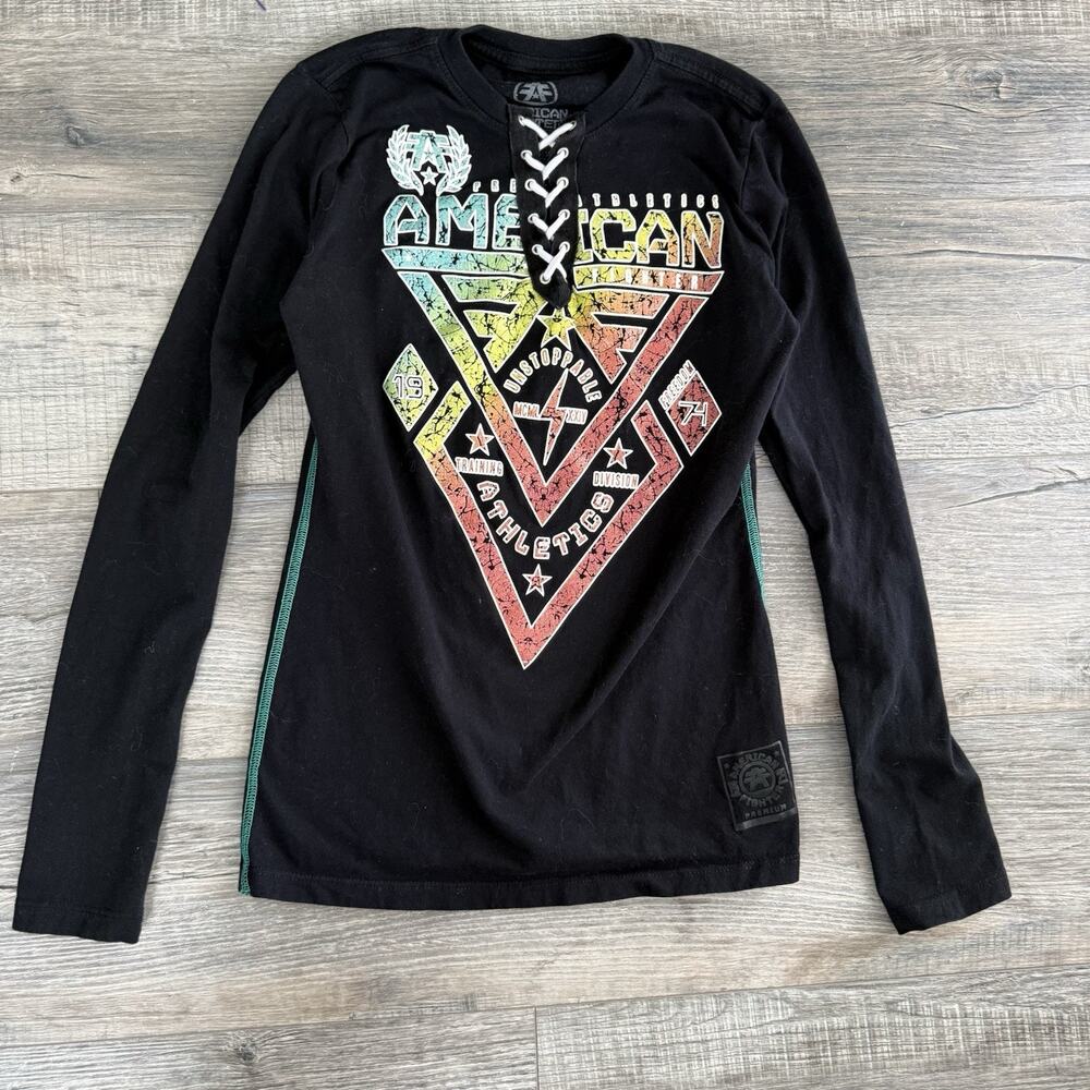 American Fighter Womens XS Black Lace Front Long Sleeve Top Biker Y2K Front Back